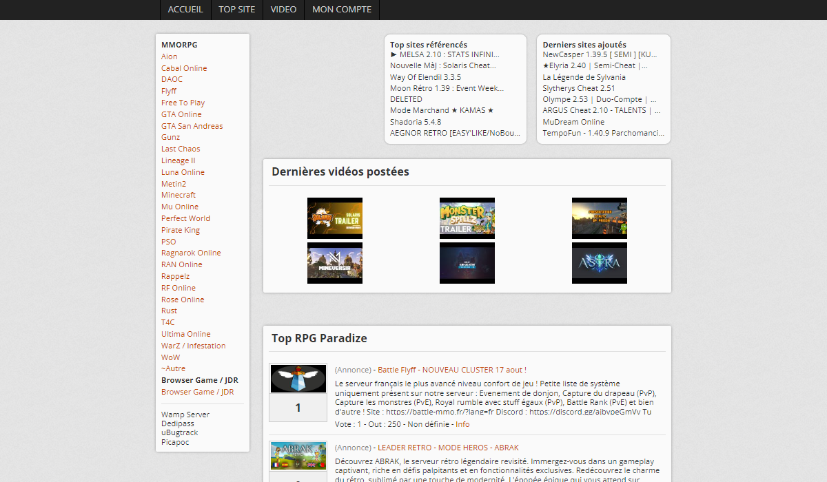 Capture d'écran de la page principale du site RPG-Paradize.com avec la liste des serveurs privés en vedette