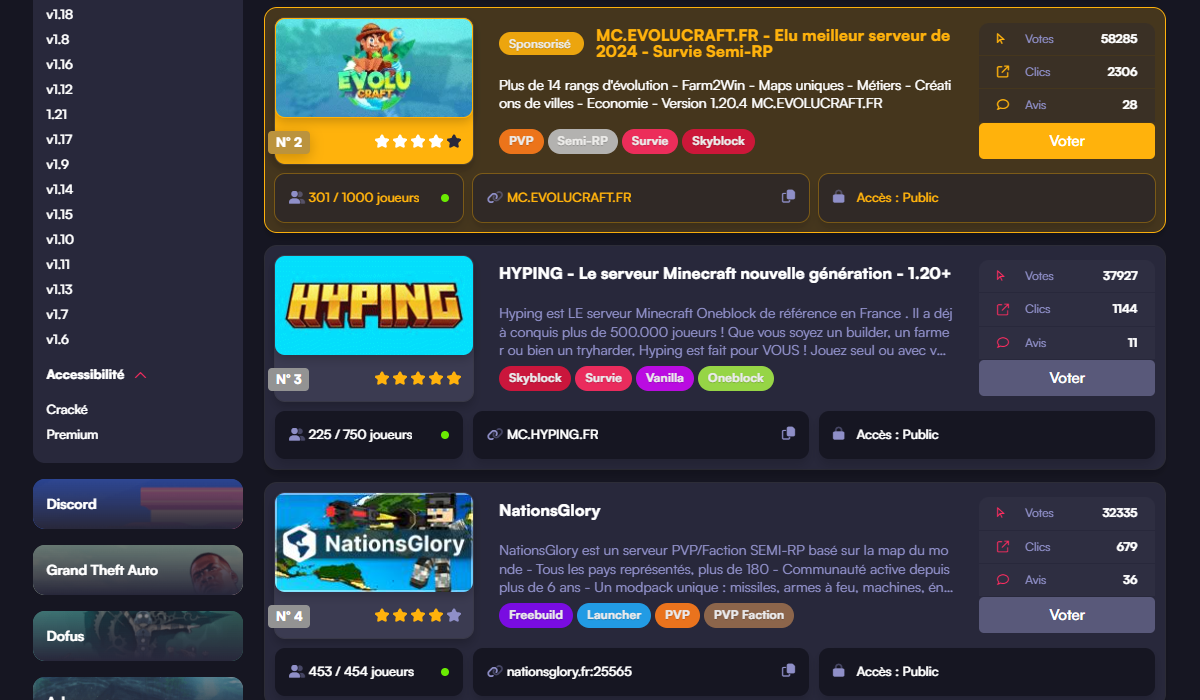 Capture d'écran de la page principale du site Serveur-Privé.net avec la liste des serveurs privés en vedette