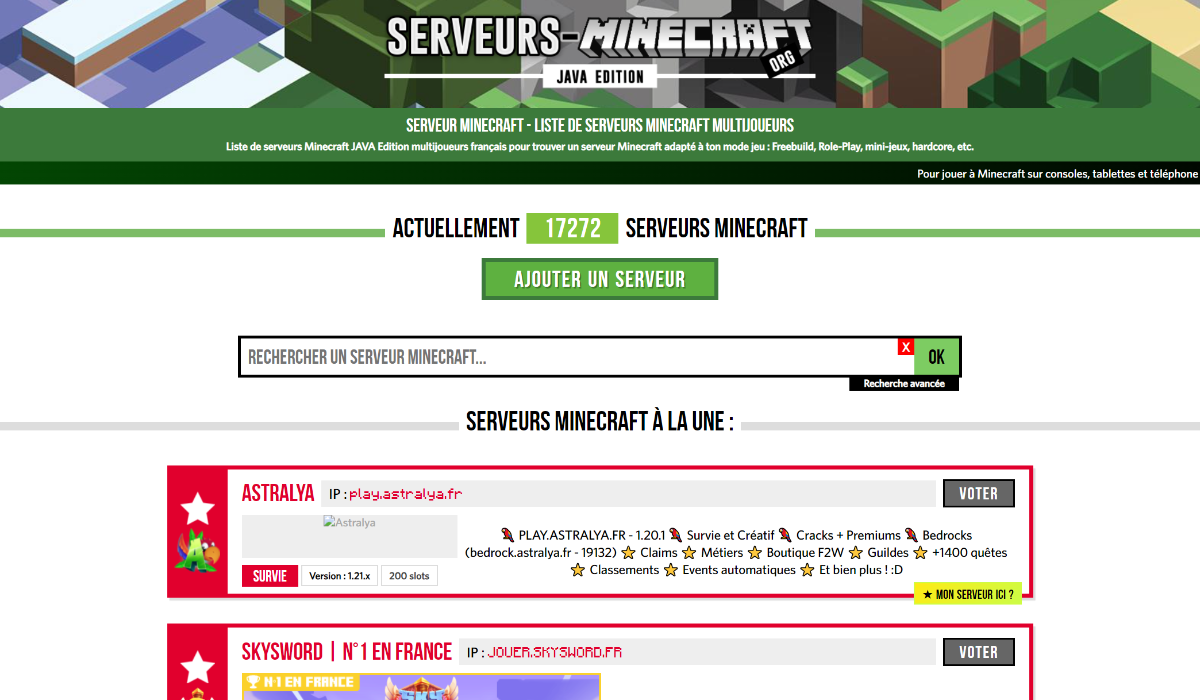 Capture d'écran de la page principale du site Serveurs-Minecraft.org avec la liste des serveurs en vedette