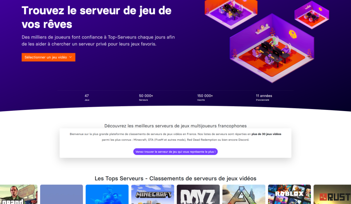 Capture d'écran de la page principale du site Top-Serveurs.net avec la liste des serveurs en vedette